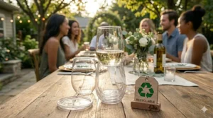 Recyclable disposable stemless wine glasses placed next to a green recycling symbol to show sustainability.