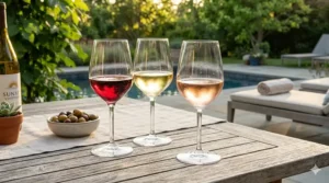 Durable shatterproof acrylic wine glasses sitting on a pool deck to prevent glass breakage.