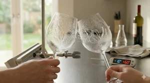 An illustration of two dishwasher safe wine glasses clinking together safely without chipping or cracking.