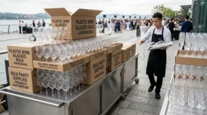 Durable and shatterproof plastic wine glasses in a bulk pack, ideal for outdoor parties.