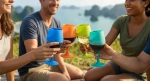 An unbreakable silicone wine glass bouncing off a concrete patio floor without spilling or breaking.