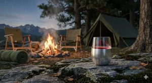 Illustration of a shatterproof stainless steel wine glass next to a campfire, highlighting its durability for outdoor use.