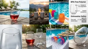 A durable unbreakable wine glass bouncing harmlessly off a stone patio floor without cracking.
