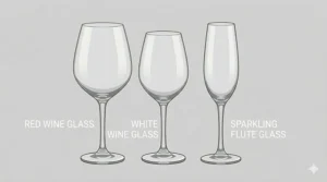A vector illustration showcasing a tall, narrow sparkling flute glass alongside traditional red and white glass wine glasses.