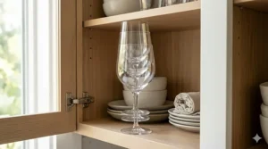 Space-saving stackable acrylic wine glasses neatly organized in a kitchen cabinet.