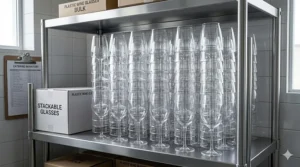 Stackable clear plastic wine glasses showing space-saving storage for catering businesses.