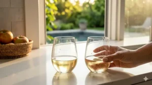 Modern stemless acrylic wine glasses filled with white wine on a kitchen counter.
