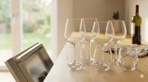 Illustration comparing traditional stemmed wine glasses with low-profile stemless dishwasher safe wine glasses for easy cleaning.