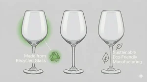 A vector illustration highlighting the eco-friendly attributes of glass wine glasses made from recycled and sustainable materials.