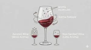 An illustrated diagram explaining how swirling wine in glass wine glasses assists aeration and releases aromas.