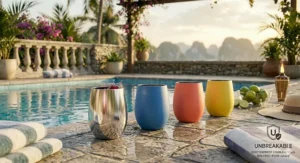 Illustration of colorful stainless steel wine glasses by a swimming pool, showcasing their unbreakable nature in splash zones.