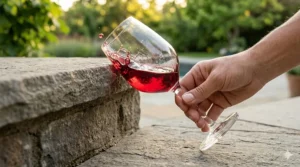 A hand holding an unbreakable stemmed acrylic wine glass to demonstrate its impact resistance.