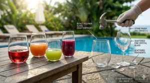 A large outdoor catering table lined with filled, elegant plastic wine glasses for a wedding reception.