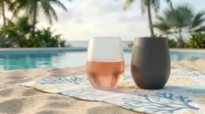 An infographic chart detailing the pros and cons of Tritan copolymer, silicone, and acrylic unbreakable wine glasses.