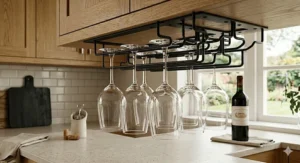 Rustic wooden wall-mounted glass wine glass rack featuring an upper shelf for wine bottles.