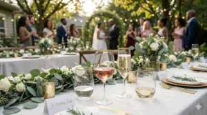 Gold-rimmed disposable stemless wine glasses arranged for a formal wedding reception toast.