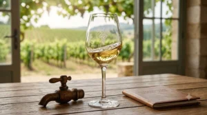 Diagram detailing the wide rim, large bowl, and long stem of the best chardonnay glasses for optimal aeration.