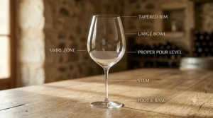 An illustrated guide showing the wide bowl, tapered rim, and stem of standard merlot wine glasses.