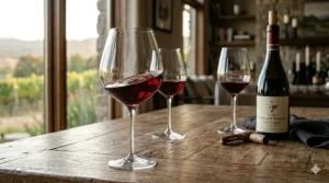 An illustration of a wide-bowl crystal glass, ranked among the best red wine glasses for delicate Pinot Noir and Burgundy.