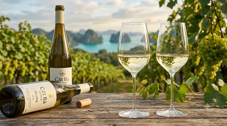 Two elegant crystal Riesling wine glasses filled with white wine next to a bottle in a sunny vineyard.