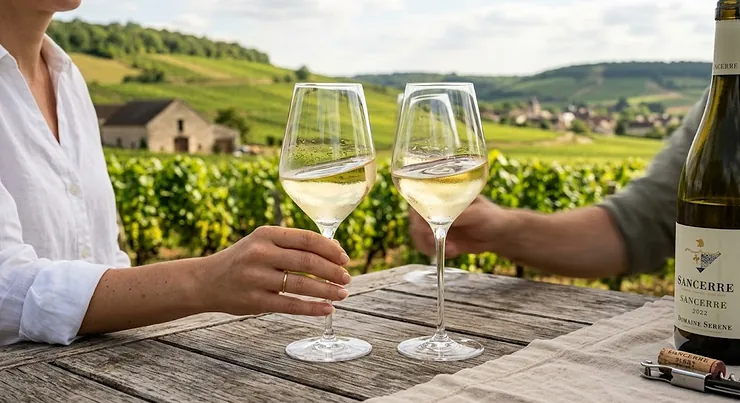 Two crystal Sauvignon Blanc glasses filled with chilled white wine on a sunny outdoor patio table.