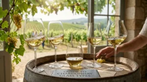A pair of modern stemless chardonnay glasses filled with white wine on an outdoor patio table.