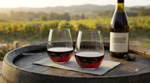 Two modern stemless Pinot Noir glasses sitting on a wooden table for casual everyday wine drinking.