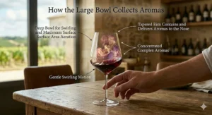 A visual graphic showing how the deep bowl of the best Bordeaux wine glasses traps complex aromas and directs them to the nose.
