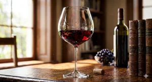 Line art drawing of a tall, oversized red wine glass designed specifically for bold Bordeaux and Cabernet Sauvignon wines.