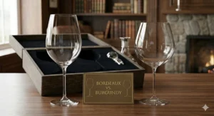 Graphic comparing a tall Bordeaux glass with a wide-bowl Burgundy glass for different red wine varietals.