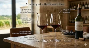 A labeled diagram showcasing the anatomy of a premium Bordeaux glass, pointing out the wide bowl, tapered rim, and long stem.