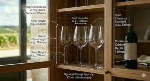 A dimensional guide illustration showing the average height and width of top-rated Bordeaux wine glasses for kitchen cabinet storage planning.