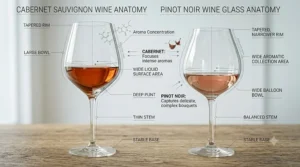 A diagram showing the difference between a tall Cabernet Sauvignon glass and a wider, balloon-shaped Pinot Noir glass.