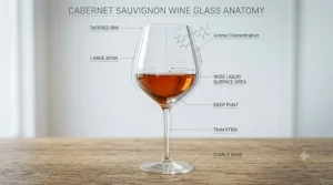 An illustration highlighting the parts of a Cabernet Sauvignon glass including the wide bowl and tapered rim.