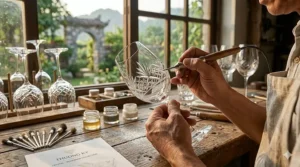 Close-up detail of hand-etched patterns on luxury Bohemian crystal white wine glasses in an elegant dining setting.