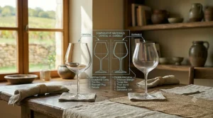 Two hand-blown crystal Burgundy wine glasses clinking together in a toast.
