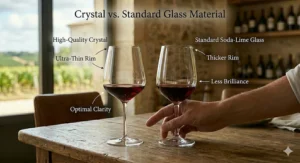 A side-by-side illustration highlighting the clarity and thin rim of a crystal Bordeaux glass versus a thicker standard glass.