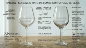 A visual breakdown of the differences between thin crystal and thicker standard glass used for Cabernet Sauvignon stemware.