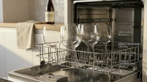Durable, dishwasher safe crystal glasses packed safely in a dishwasher rack for easy cleaning.