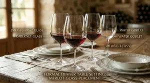 A dinner table layout diagram showing the correct placement of red merlot wine glasses next to water goblets.