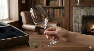 Illustration demonstrating the correct etiquette of holding a red wine glass by the stem to prevent warming the liquid.