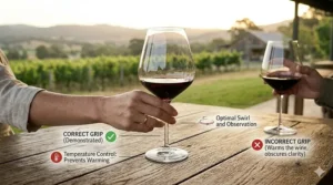 Vector illustration demonstrating the correct way to hold a stemmed Shiraz wine glass by the stem to prevent warming.