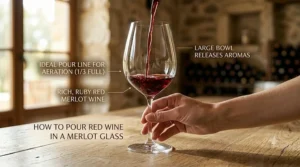 Illustration demonstrating the ideal pouring line for aeration in large merlot wine glasses.