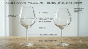 A graphic showing the ideal pour line at the widest point of a Cabernet Sauvignon wine glass for optimal breathing.