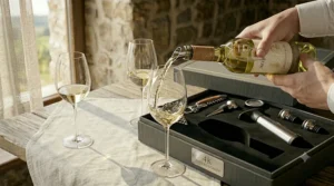 Step-by-step graphic detailing safe handwashing and drying techniques for premium white wine glasses.