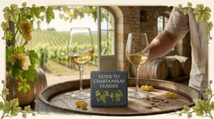 A luxury set of four long-stemmed chardonnay glasses arranged for a formal dinner party setting.
