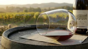 Close up of the thin rim on a luxury, hand blown crystal wine glass designed for delicate red wines.