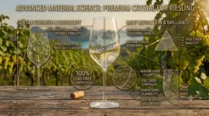 Minimalist illustration highlighting the difference in thinness and clarity between standard glass and luxury crystal Riesling wine glasses.