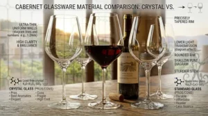 An elegant illustration of a set of four premium crystal glasses designed specifically for serving Cabernet Sauvignon.