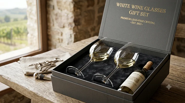 Premium crystal white wine glasses gift set displayed inside an elegant matte black presentation box.
